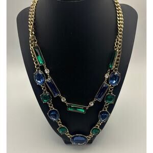 Signed NRQ (Avon) Goldtone Green Blue Rhinestones Double Strands Necklace